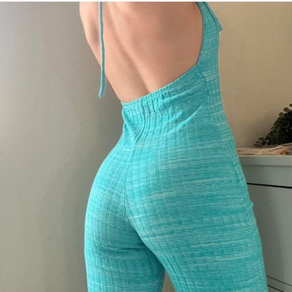 NEW ZARA Turquoise Ribbed Knit Bell-Leg Cotton Blend Jumpsuit/Overall- Blog Fav - Picture 10 of 16
